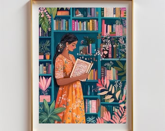 Book Worm | Indian Girl Inspired Art Work | Indian Paintings | Indian Digital Poster | South Asian Wall Art | Pakistani Paintings Desi Girl