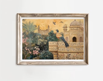 Mughal Chirya | Indian Mughal Inspired Digital Painting | Bird Wall Art | Traditional Indian Painting | Indian Pakistani Home Decor