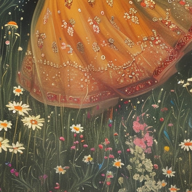 May include: A close-up of a golden yellow skirt with intricate embroidery and sequins. The skirt is flowing and appears to be made of a soft, delicate fabric. The skirt is set against a background of green grass and wildflowers.