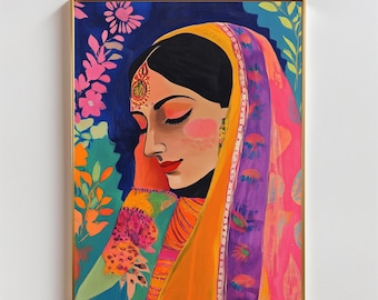 ターバンを巻いたインド人女性アート、印刷可能なインドの壁アート