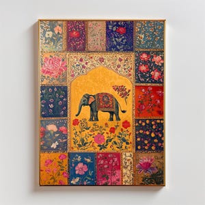 Mughal Elephant Patchwork Art Print: Vintage Indian Painting (Digital Download)