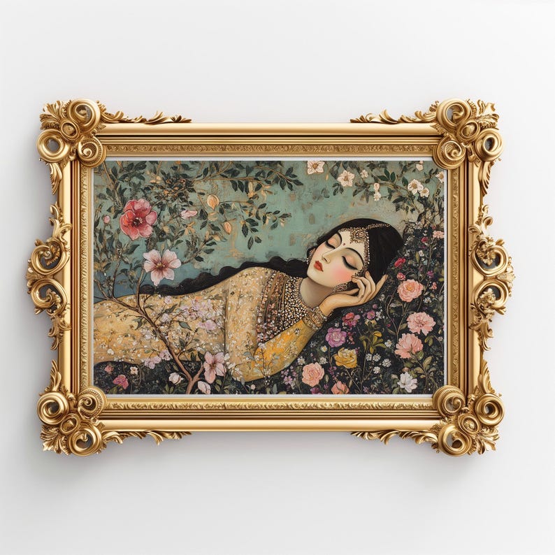 May include: A framed painting depicting a woman with long dark hair asleep in a field of flowers. She is wearing a yellow and gold dress and a jeweled headpiece. The flowers are in shades of pink, purple, and white.
