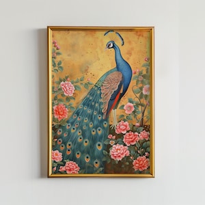 Morni - Peacock | Indian Mughal inspired digital art work, Printable wall art, traditional Indian Pakistani art, Indian Pichwai