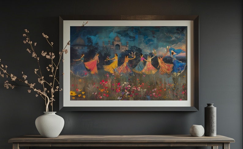 K&ouml;nnte beinhalten: Ein gerahmtes Gem&auml;lde, das eine Gruppe von Frauen in bunten Kleidern zeigt, die auf einem Blumenfeld tanzen. Der Hintergrund zeigt ein gro&szlig;es Geb&auml;ude mit einer Kuppel und einem bew&ouml;lkten Himmel.