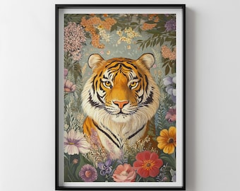 SHER - Tiger Painting, Floral Paintings, Floral Wall Art, Indian inspired Animal wall art, Digital painting, Printable art work