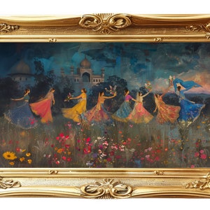 K&ouml;nnte beinhalten: Ein gerahmtes Gem&auml;lde, das eine Gruppe von Frauen in bunten Kleidern zeigt, die auf einem Blumenfeld tanzen. Die Frauen sind vor einem dunkelblauen Himmel mit einem wei&szlig;en Geb&auml;ude im Hintergrund silhouettiert.