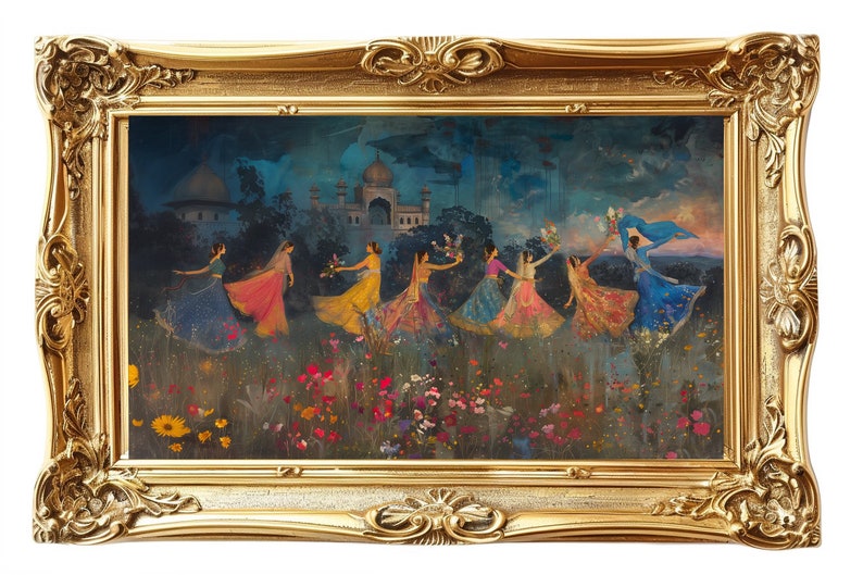 K&ouml;nnte beinhalten: Ein gerahmtes Gem&auml;lde, das eine Gruppe von Frauen in bunten Kleidern zeigt, die auf einem Blumenfeld tanzen. Die Frauen sind vor einem dunkelblauen Himmel mit einem wei&szlig;en Geb&auml;ude im Hintergrund silhouettiert.