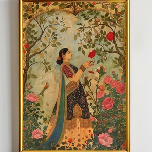 Dama en el jardín / Obra de arte digital de inspiración mogol india, arte mural imprimible, arte tradicional indio-pakistaní, pintura de mujer india