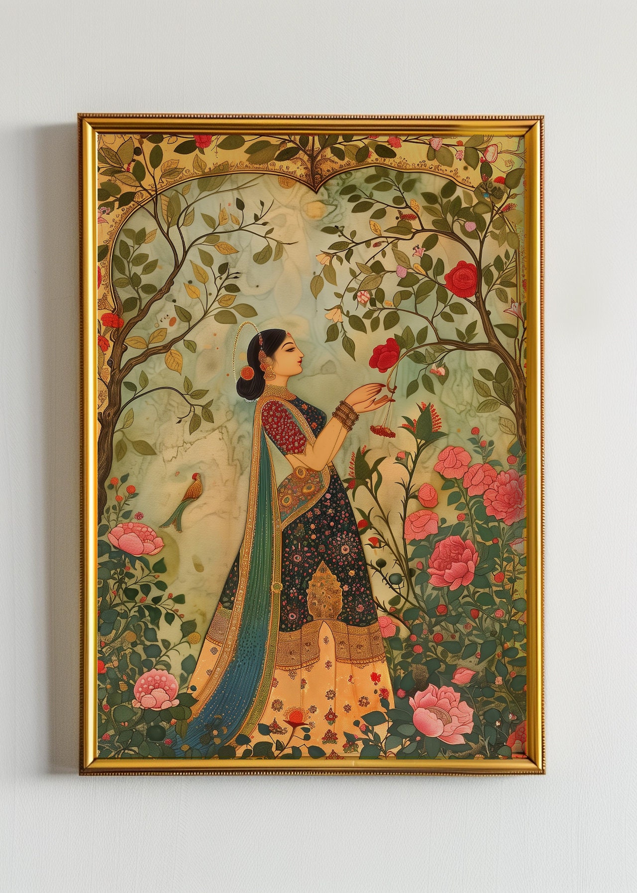 Lady in the garden | Indian Mughal inspired digital art work, Printable wall art, traditional Indian Pakistani art, Indian woman painting