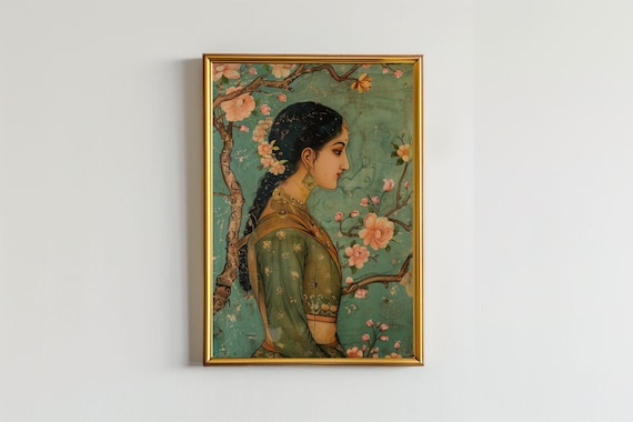 Mughal Indian Woman Art Print: Vintage Garden Painting (Digital Download)