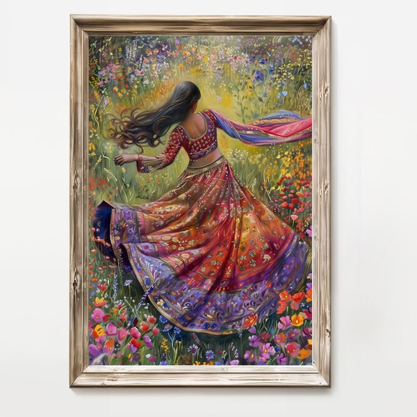 JHOOM | Art mural fille indienne | Peinture de danse indienne vintage | Kathak Bharatnatyam | Décoration d'intérieur indienne | Oeuvre d'art numérique indienne