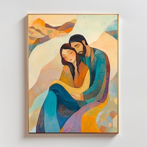 May include: A painting of a couple embracing in a landscape setting. The woman is wearing a blue and yellow dress, and the man is wearing a blue shirt. The background is a mix of brown, yellow, and white colors.