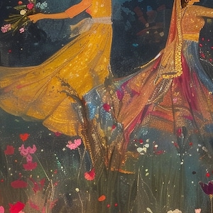 K&ouml;nnte beinhalten: Zwei Frauen in bunten Kleidern mit goldenen Akzenten, die in einem Blumenfeld tanzen. Der Hintergrund ist dunkelblau mit einer Streuung von rosa, roten und gelben Blumen.