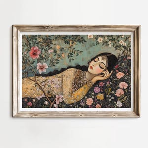 May include: A painting depicting a woman asleep in a field of flowers. She is wearing a yellow and gold dress and has a jeweled headband in her hair. The flowers are pink, white, and yellow.