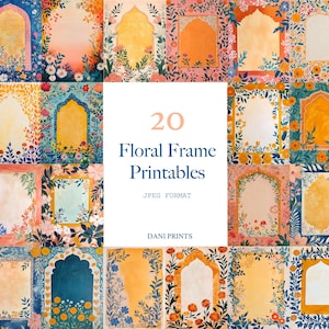 May include: 20 printable floral frames in JPEG format. Each frame features a colorful floral design with a central archway. The frames are perfect for adding a touch of whimsy to your projects.