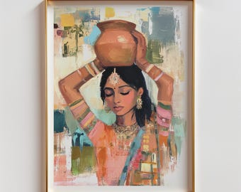 インド人女性の土鍋アート：南アジアのデジタル絵画（デジタルダウンロード）