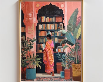 Impresión artística de biblioteca de inspiración mogol / Mujer leyendo (descarga instantánea)