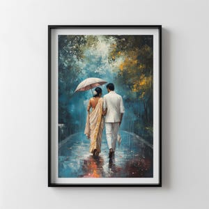 Im Regen gehen | Digitale Malerei | Romantische indische Kunst | Indische moderne Kunst Arbeit | Indisches Hochzeitsgeschenk | Südasiatische Kunst