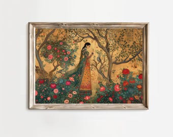 Mughal Era Woman in Garden Painting: Indian Home Decor (Digital Print)