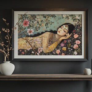 May include: A painting depicting a woman with dark hair and a gold crown, reclining on a bed of flowers. The flowers are in shades of pink, red, and white. The background is a soft blue-green.