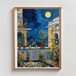 May include: A framed painting depicts a nighttime scene of a balcony overlooking a city. The artwork features a vibrant blue sky with a full moon and stars. Potted plants and yellow flowers adorn the balcony, with architectural details in yellow and white.