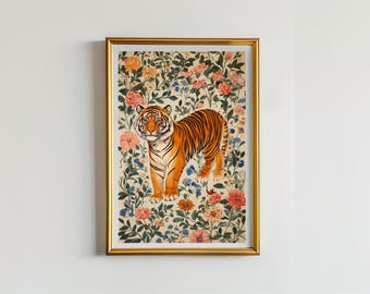 SHERNI - Tiger Painting | Printable Art Work | Floral Animal Print | Animal Poster | Floral Tiger Poster | Colorful Floral Art | Indian Art