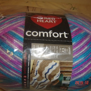 1 Large Skein of Red Heart Comfort Yarn in White/Turq/Violet Print  12 oz