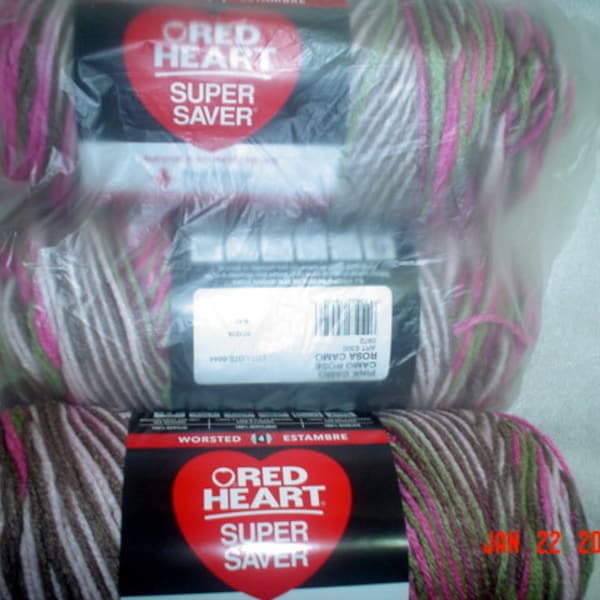 3 Sks of Red Heart Super Saver WW Yarn Pink Camo #0972