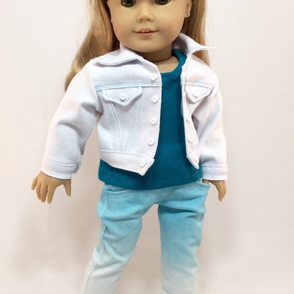 Vêtements de poupée American Girl « The Noelle » Winter White Denim Jacket, lumière Teal bleu/blanc Ombre Skinny Jeans, Tee Trendy de Sarcelle, Sneakers