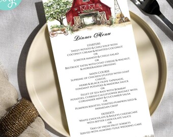 Rustic Barn Wedding Menu: Watercolor Farm Event, Editable Corjl Template, Digital Printable 4x9" Card
