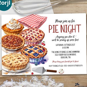 Pie Night Party Invitation, Fall Autumn Dessert Social Invite, 2-Sided 5x7 Editable Template, Thanksgiving Potluck