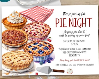 Pie Night Party Invitation, Fall Autumn Dessert Social Invite, 2-Sided 5x7 Editable Template, Thanksgiving Potluck
