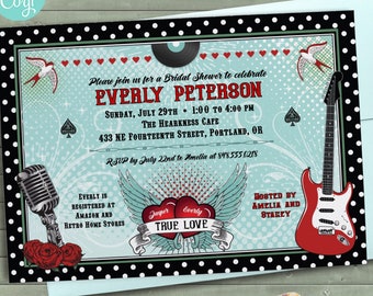 Rockabilly Music Polka Dot Horizontal Bridal Shower Invitation | 2-sided, 7x5 | Editable Digital Printable Template | Edit Online & Print