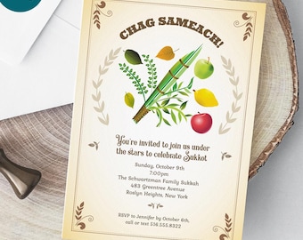 Retro Sukkot Party Invitation Template, Editable Sukkah Celebration Invite, Printable Jewish Holiday Party Download, 5x7 Corjl Digital