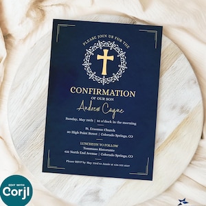 Digital confirmation invitation template featuring a hand-painted watercolor wreath in shades of blue. At the center, an elegant blue cross is prominently displayed. The minimalist design includes placeholder text for event details such as the date, time, location, and RSVP information. The clean, religious aesthetic is designed for a boy's confirmation celebration. This editable template is customizable via Corjl and perfect for a modern, printable invitation.