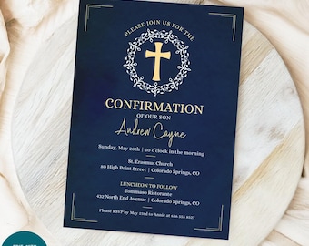 Boy Confirmation Invitation, Blue Watercolor Cross Wreath Template, Editable 5x7 Boy Holy Sacrament Invite, First Communion Printable Evite