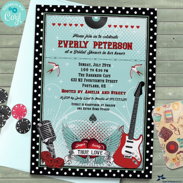 Rockabilly Music Polka Dot Vertical Bridal Shower Invitation | 2-sided, 5x7 | Editable Digital Printable Template | Edit Online & Print