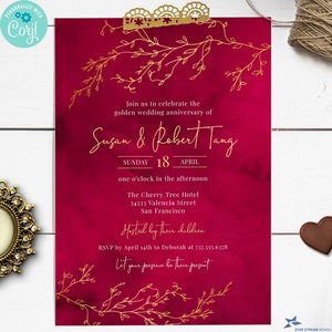 Gold Branches and Red Watercolor Anniversary Party Invitation 2-sided, 5x7 Editable Digital Template Edit Online & Print image 1