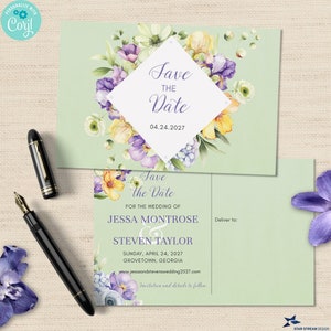 Green Flower Frame Wedding Save the Date Postcard | 6x4 Self Mailer, 2 sides | Editable Digital Printable Template | Edit Online & Print