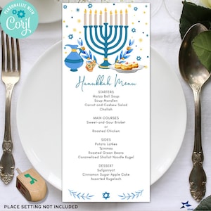 May include: A Hanukkah menu card with a blue menorah, dreidel, and other festive illustrations. The menu includes starters, main courses, sides, and dessert options. The card is on a white background with a place setting and silverware.