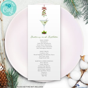 May include: A printable menu card with a festive Christmas theme. The menu features a martini glass with a sprig of mistletoe and a red bow. The menu lists small dishes, sweet treats, and martinis and other cocktails. The text "Martinis and Mistletoe" is written in a cursive font.