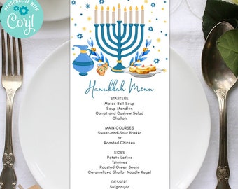 May include: A Hanukkah menu card with a blue menorah, dreidel, and other festive illustrations. The menu includes starters, main courses, sides, and dessert options. The card is on a white background with a place setting and silverware.