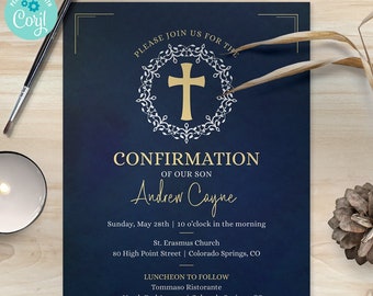 Blue Cross Wreath Confirmation Invitation | 2-sided, 5x7 | Editable Printable Digital Template | Edit Online & Print