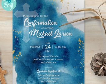 Blue Watercolor Wash Gold Splatter Confirmation Invitation | 2-sided, 5x7 | Editable Printable Digital Template | Edit Online & Print
