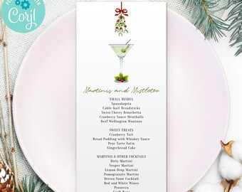 Martinis and Mistletoe Christmas Holiday Cocktails Menu Card, 4"x9", 2-sided, Digital Printable Menu Corjl Template, Edit Online & Print