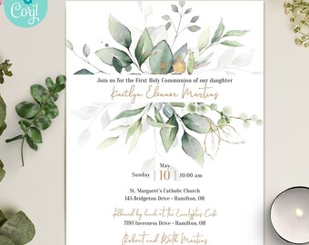 Eucalyptus and Gold Greenery First Holy Communion Invitation, 2-sided, 5x7, Editable Printable Digital Template, Edit Online & Print
