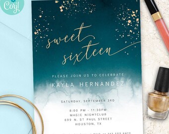 Teal Watercolor Golden Splatter Sweet 16 Party Invitation | 2-sides 5x7 | Editable Digital Printable Template | Edit Online & Print Yourself