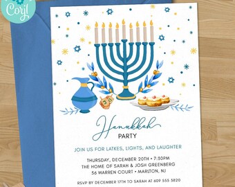 Hanukkah Party Invitation, Blue Watercolor Menorah Invite, Editable Jewish Holiday Invitation, Corjl Template, 5x7 Digital Invite