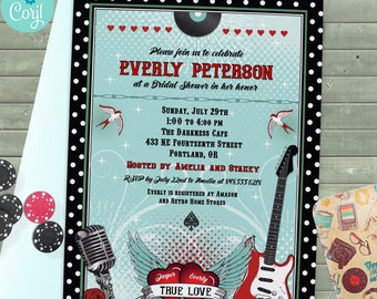 Rockabilly Music Polka Dot Vertical Bridal Shower Invitation | 2-sided, 5x7 | Editable Digital Printable Template | Edit Online & Print