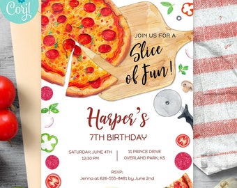 Slice of Fun Pizza Party Invitation | 2-sided, 5x7 | Editable Digital Printable Template | Edit Online & Print Yourself
